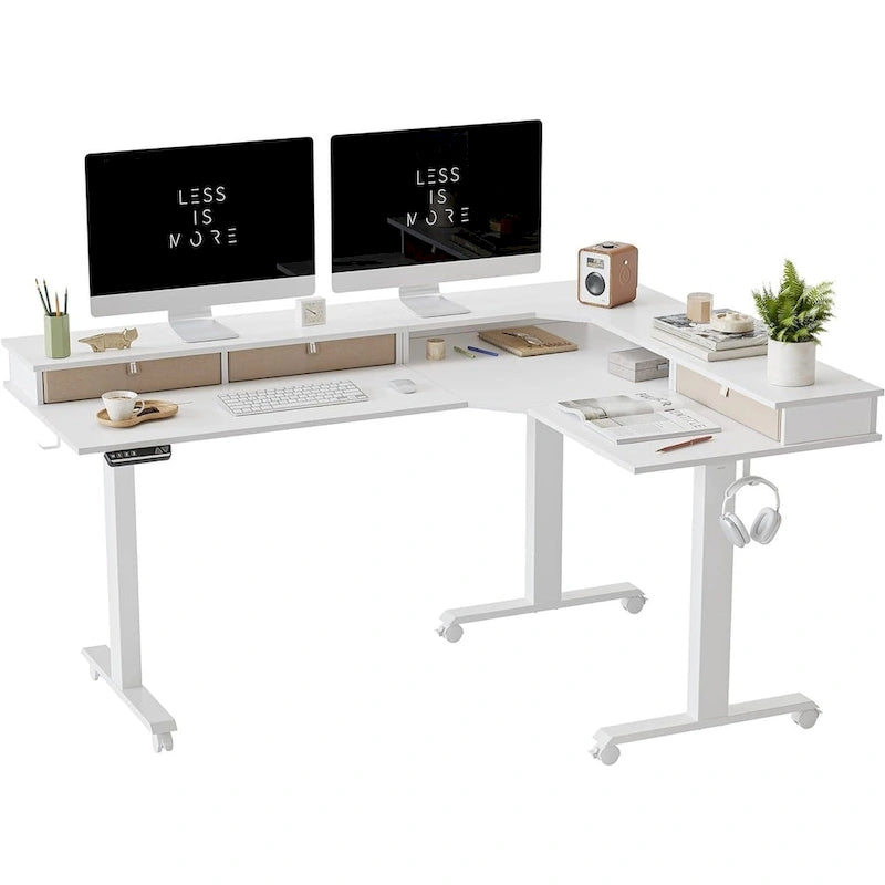L-Shaped Electric Standing Desk with 3 Motors, Drawers & Lockable Casters - 63"