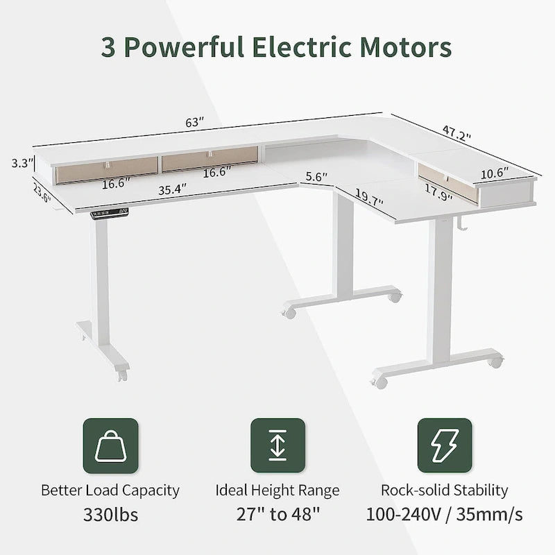 L-Shaped Electric Standing Desk with 3 Motors, Drawers & Lockable Casters - 63"