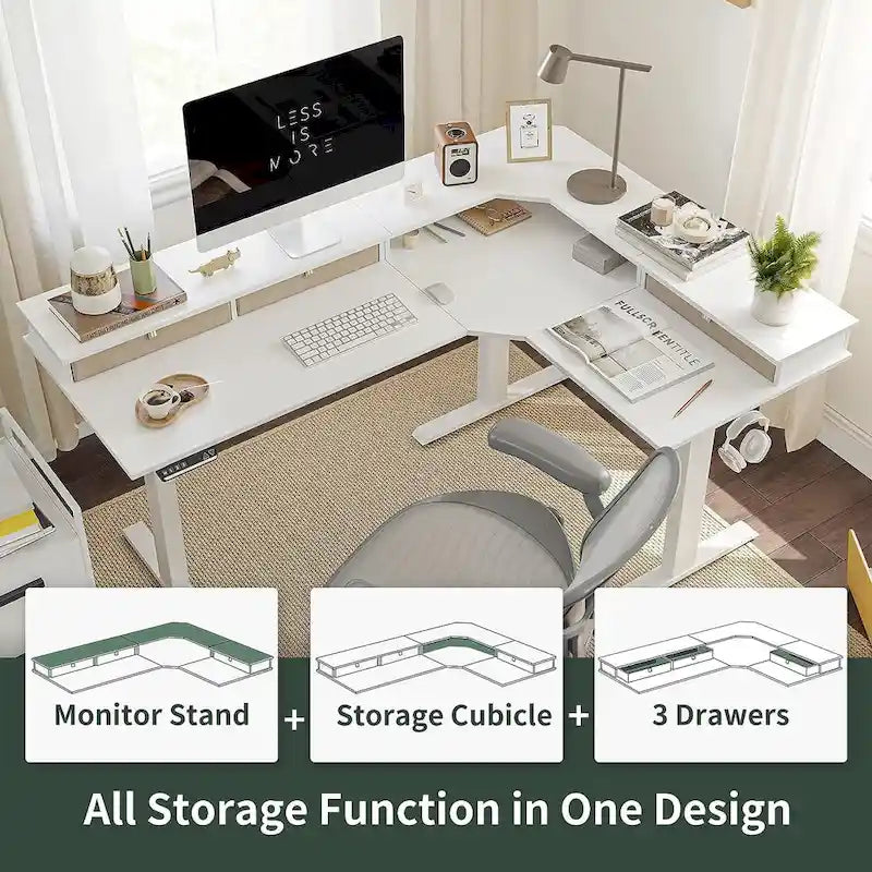 L-Shaped Electric Standing Desk with 3 Motors, Drawers & Lockable Casters - 63"