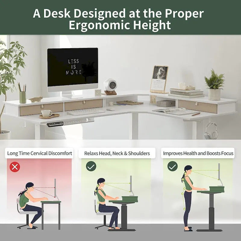 L-Shaped Electric Standing Desk with 3 Motors, Drawers & Lockable Casters - 63"