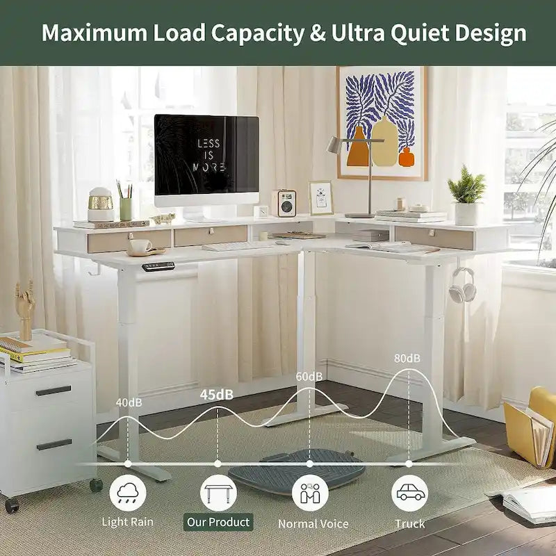 L-Shaped Electric Standing Desk with 3 Motors, Drawers & Lockable Casters - 63"