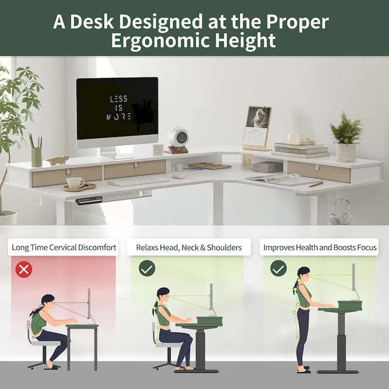 L-Shaped Electric Standing Desk with 3 Motors, Drawers & Lockable Casters - 63"