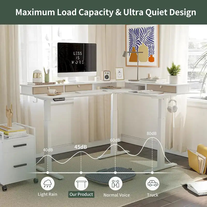 L-Shaped Electric Standing Desk with 3 Motors, Drawers & Lockable Casters - 63"