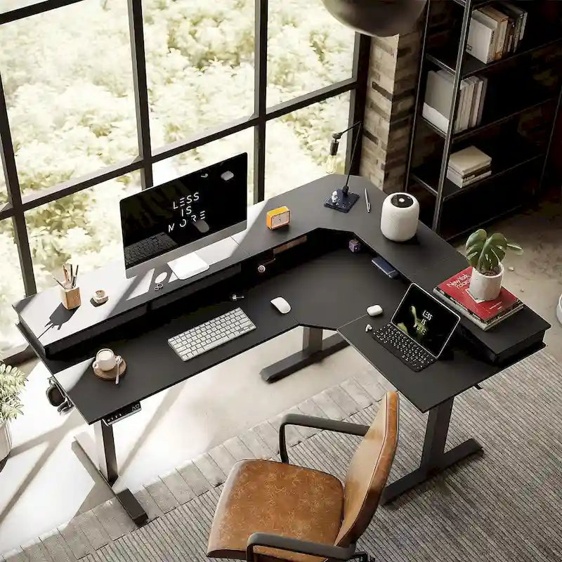 L-Shaped Electric Standing Desk with 3 Motors, Drawers & Lockable Casters - 63"