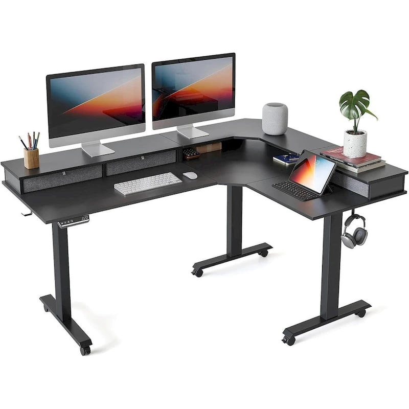 L-Shaped Electric Standing Desk with 3 Motors, Drawers & Lockable Casters - 63"