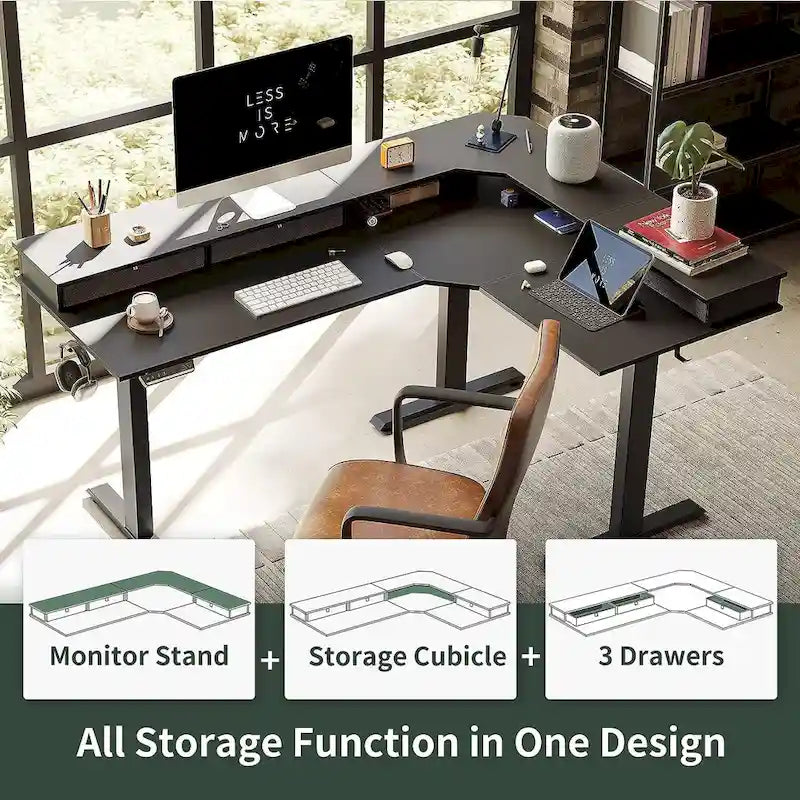 L-Shaped Electric Standing Desk with 3 Motors, Drawers & Lockable Casters - 63"