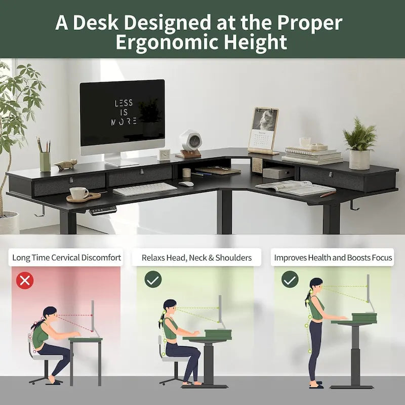 L-Shaped Electric Standing Desk with 3 Motors, Drawers & Lockable Casters - 63"
