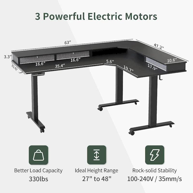 L-Shaped Electric Standing Desk with 3 Motors, Drawers & Lockable Casters - 63"