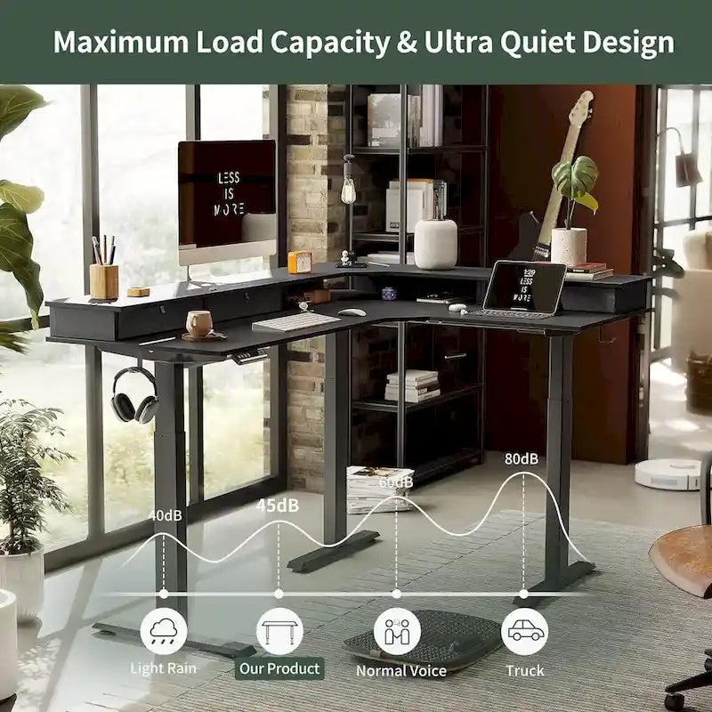 L-Shaped Electric Standing Desk with 3 Motors, Drawers & Lockable Casters - 63"