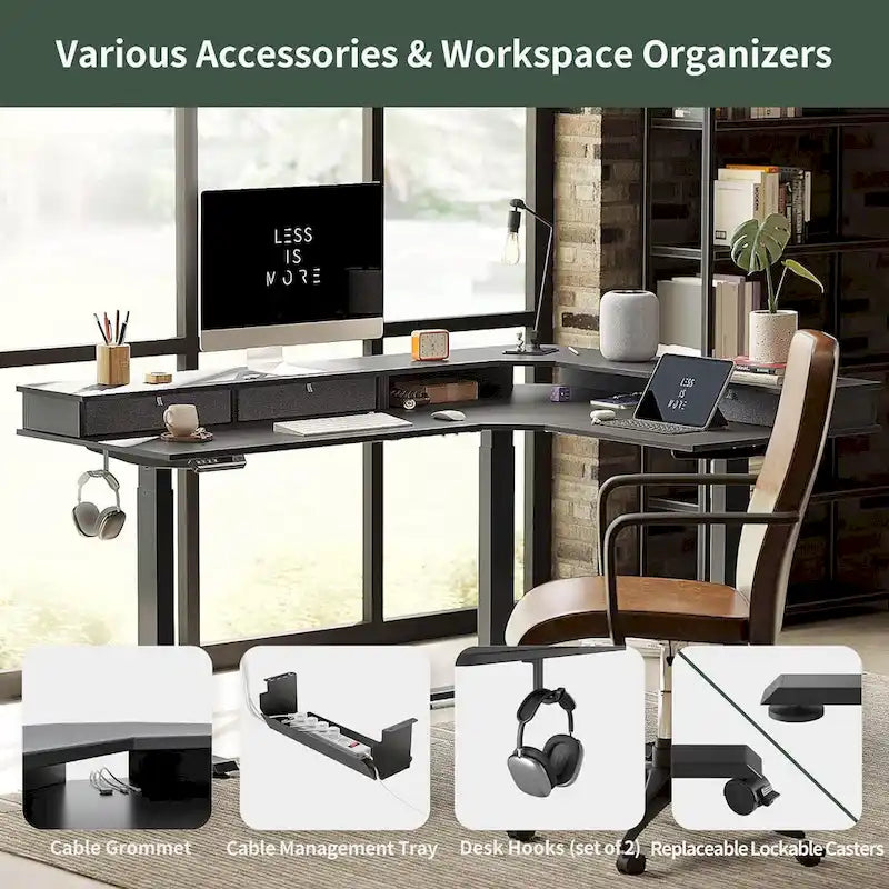 L-Shaped Electric Standing Desk with 3 Motors, Drawers & Lockable Casters - 63"