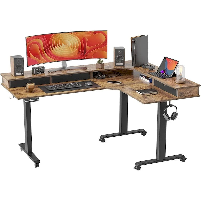 L-Shaped Electric Standing Desk with 3 Motors, Drawers & Lockable Casters - 63"