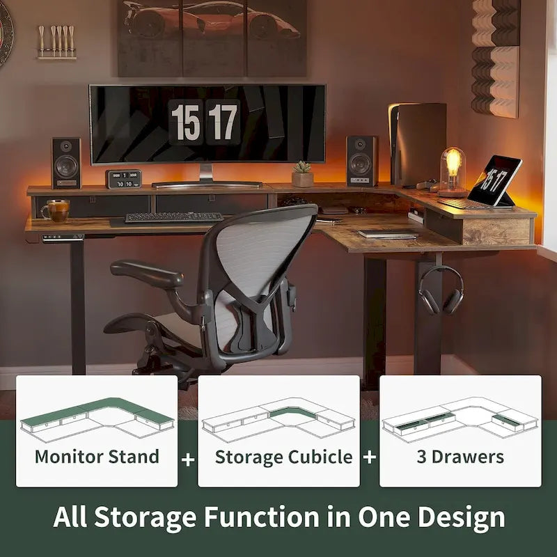 L-Shaped Electric Standing Desk with 3 Motors, Drawers & Lockable Casters - 63"