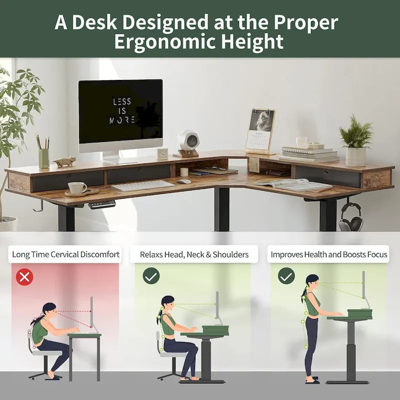 L-Shaped Electric Standing Desk with 3 Motors, Drawers & Lockable Casters - 63"