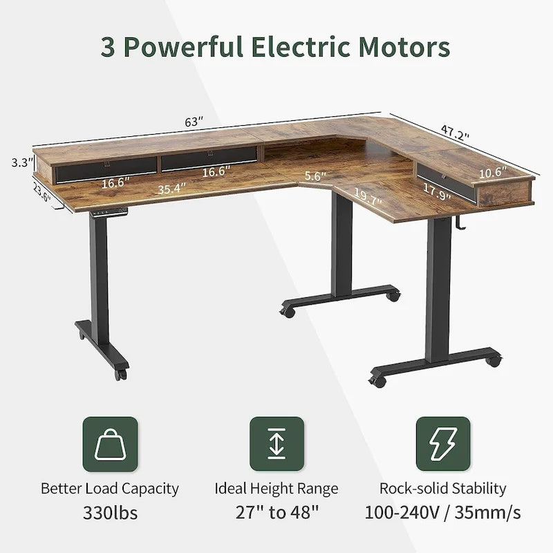 L-Shaped Electric Standing Desk with 3 Motors, Drawers & Lockable Casters - 63"