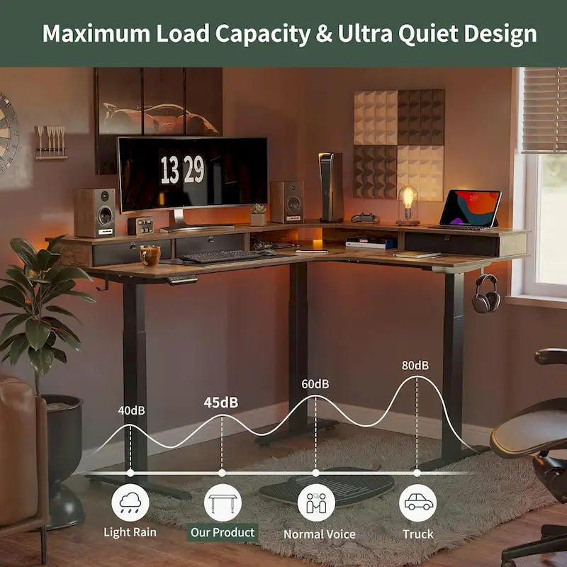 L-Shaped Electric Standing Desk with 3 Motors, Drawers & Lockable Casters - 63"