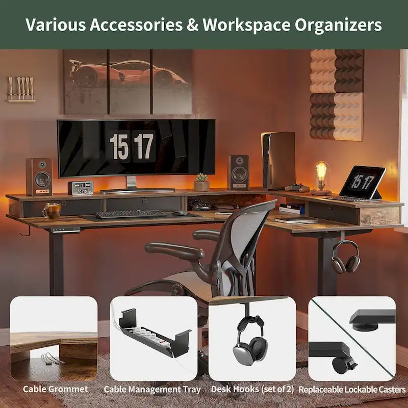 L-Shaped Electric Standing Desk with 3 Motors, Drawers & Lockable Casters - 63"