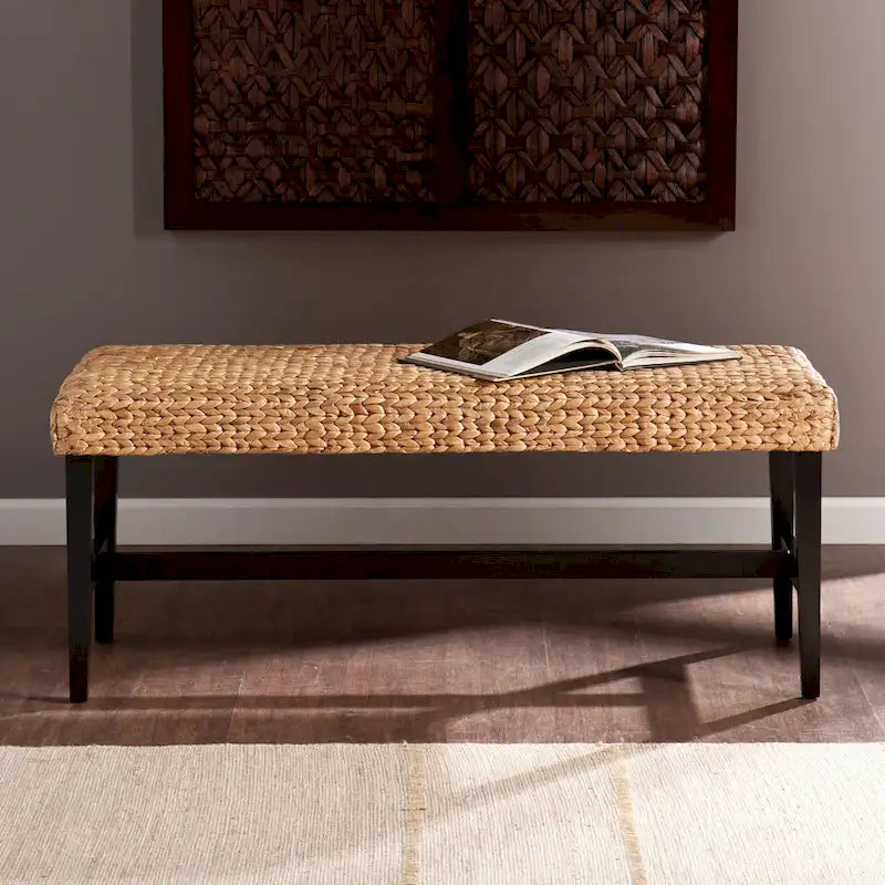Black & Natural Woven Bench - Coastal Tropical Style
