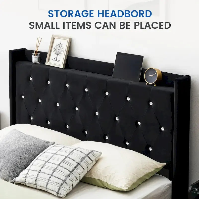 Modern Velvet Floating Bed Frame with LED Lights