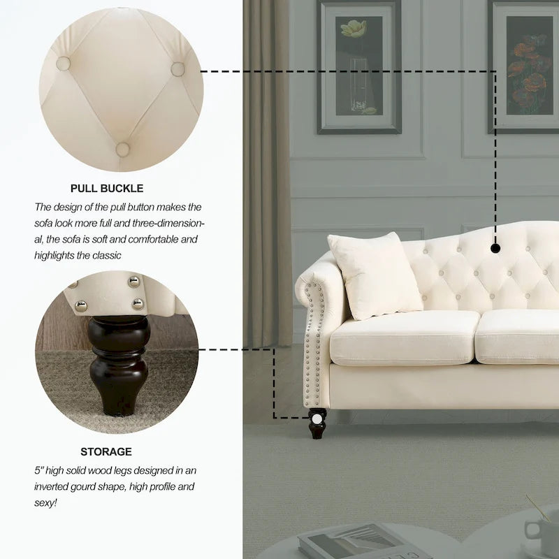 3 Seater Sofa Tufted Couch with Rolled Arms and Nailhead