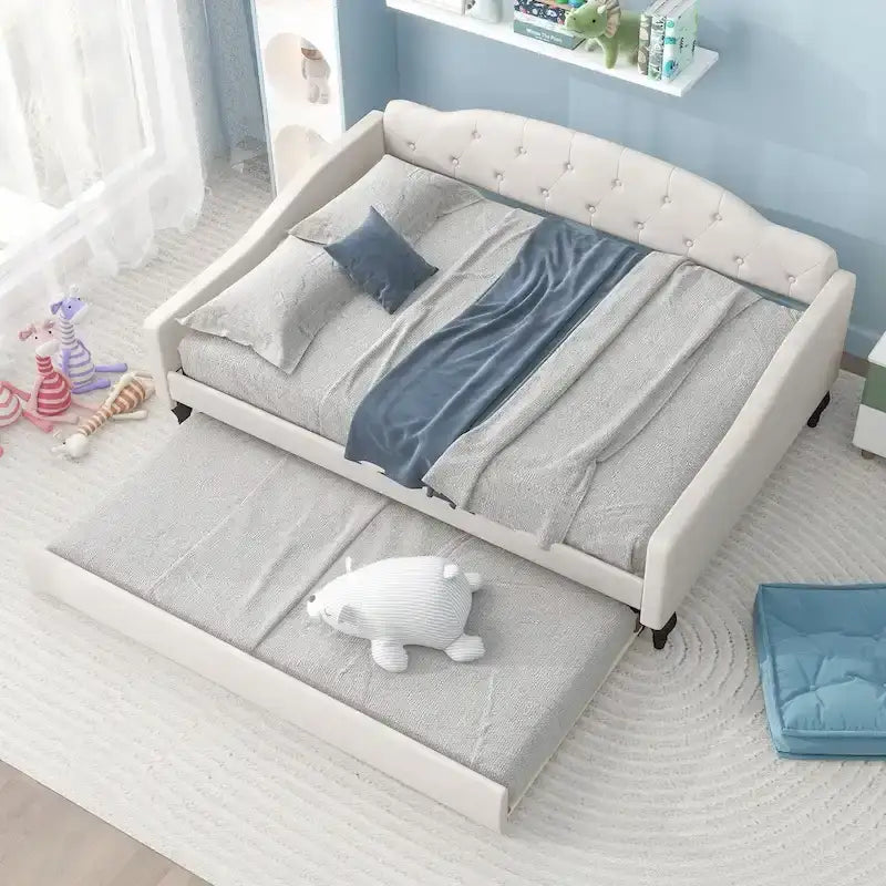 Full Size Upholstered Tufted Daybed Bed with Twin Size Trundle