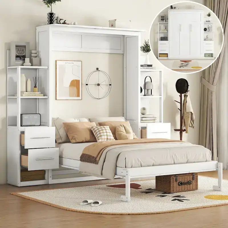 Full Size Murphy Wall Bed Frame with Shelves,Drawers and LED Lights,for Girls Boys Teens,No Box Spring Needed