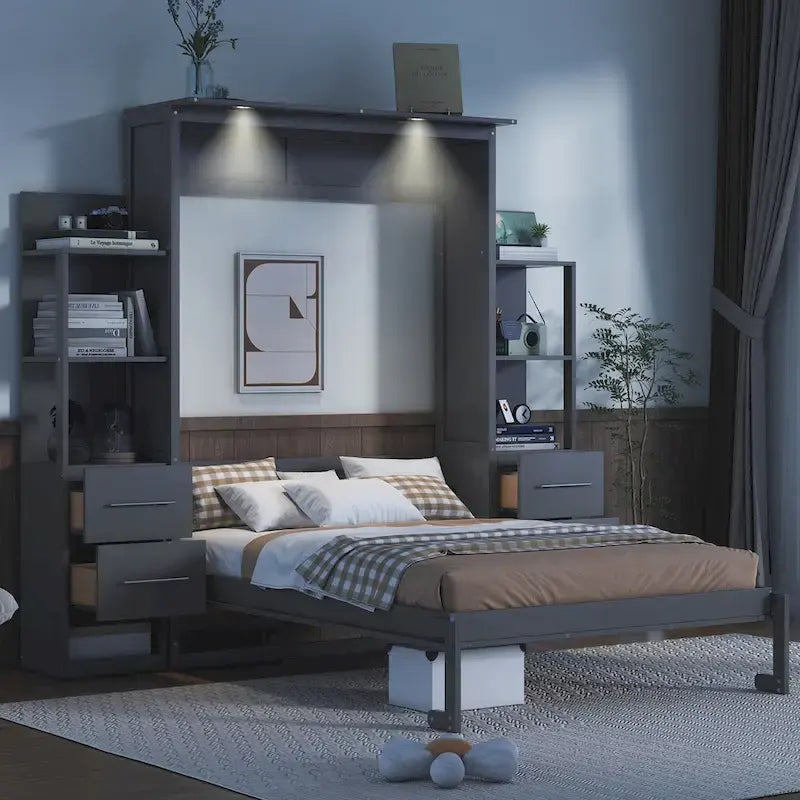 Full Size Murphy Wall Bed Frame with Shelves,Drawers and LED Lights,for Girls Boys Teens,No Box Spring Needed