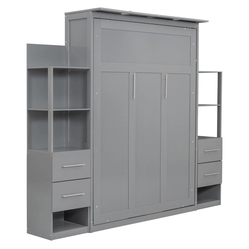Full Size Murphy Wall Bed Frame with Shelves,Drawers and LED Lights,for Girls Boys Teens,No Box Spring Needed