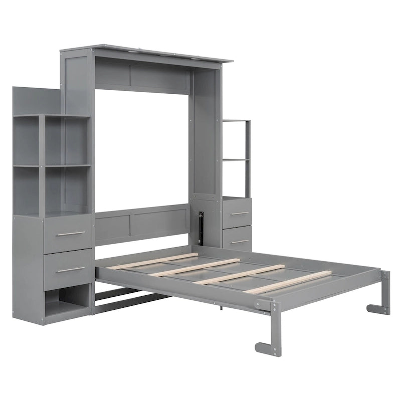 Full Size Murphy Wall Bed Frame with Shelves,Drawers and LED Lights,for Girls Boys Teens,No Box Spring Needed