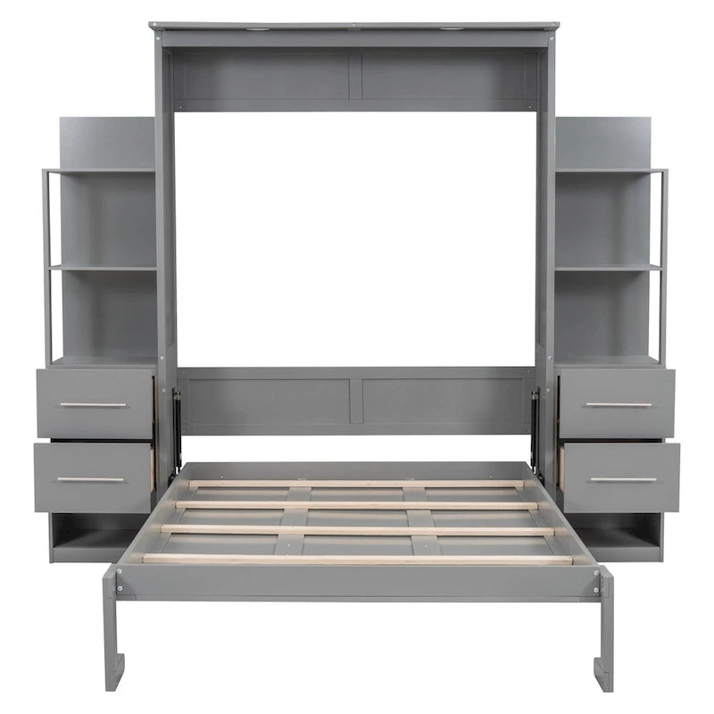 Full Size Murphy Wall Bed Frame with Shelves,Drawers and LED Lights,for Girls Boys Teens,No Box Spring Needed