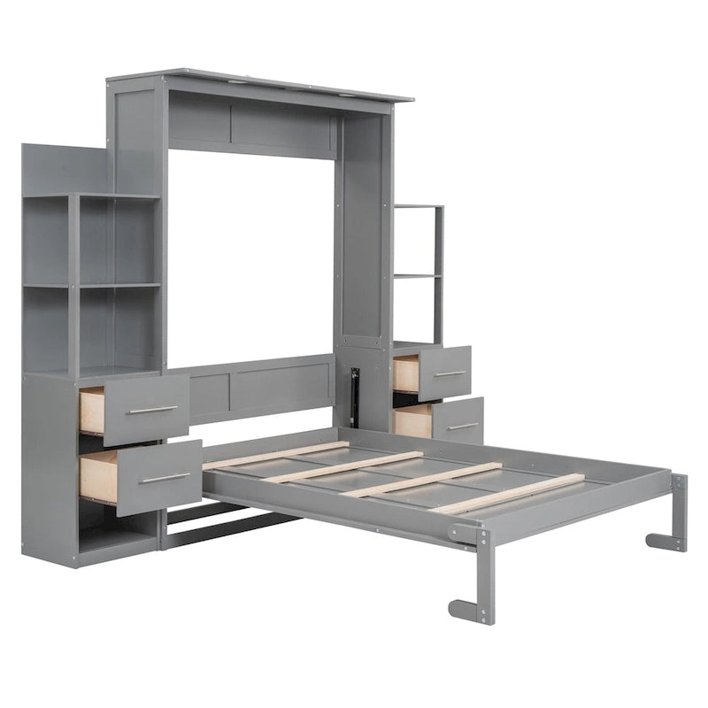 Full Size Murphy Wall Bed Frame with Shelves,Drawers and LED Lights,for Girls Boys Teens,No Box Spring Needed