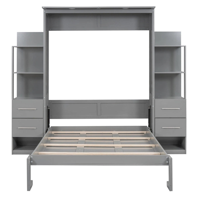 Full Size Murphy Wall Bed Frame with Shelves,Drawers and LED Lights,for Girls Boys Teens,No Box Spring Needed