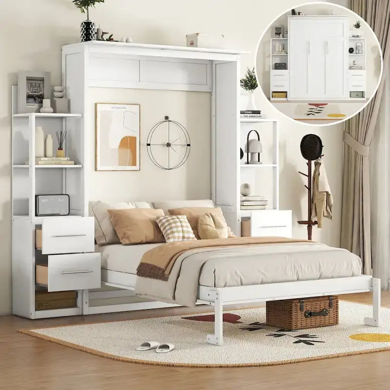 Full Size Murphy Wall Bed Frame with Shelves,Drawers and LED Lights,for Girls Boys Teens,No Box Spring Needed
