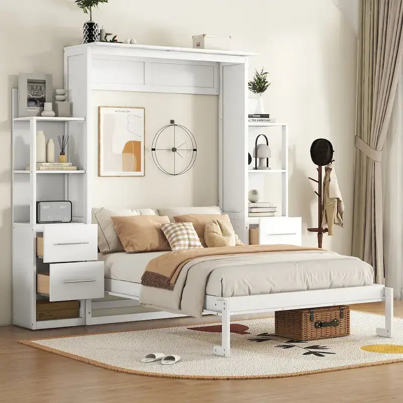 Full Size Murphy Wall Bed Frame with Shelves,Drawers and LED Lights,for Girls Boys Teens,No Box Spring Needed