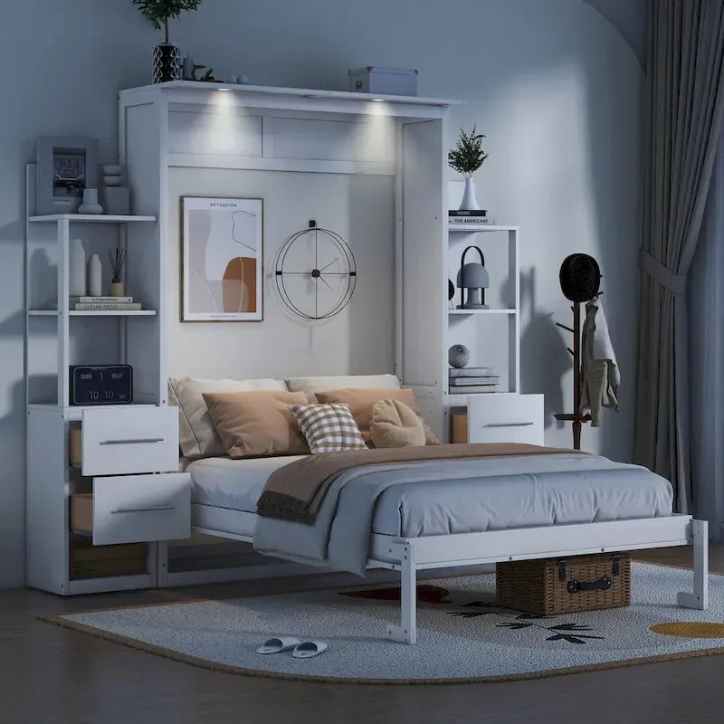Full Size Murphy Wall Bed Frame with Shelves,Drawers and LED Lights,for Girls Boys Teens,No Box Spring Needed