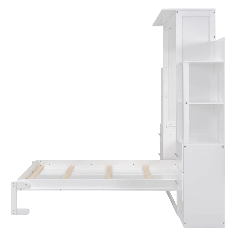 Full Size Murphy Wall Bed Frame with Shelves,Drawers and LED Lights,for Girls Boys Teens,No Box Spring Needed