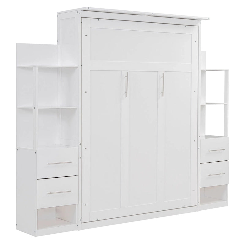 Full Size Murphy Wall Bed Frame with Shelves,Drawers and LED Lights,for Girls Boys Teens,No Box Spring Needed