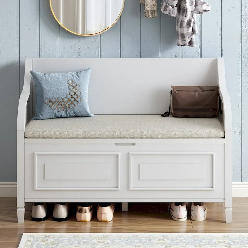 Rustic Style Solid Wood Entryway Multifunctional Storage Bench with Safety Hinge
