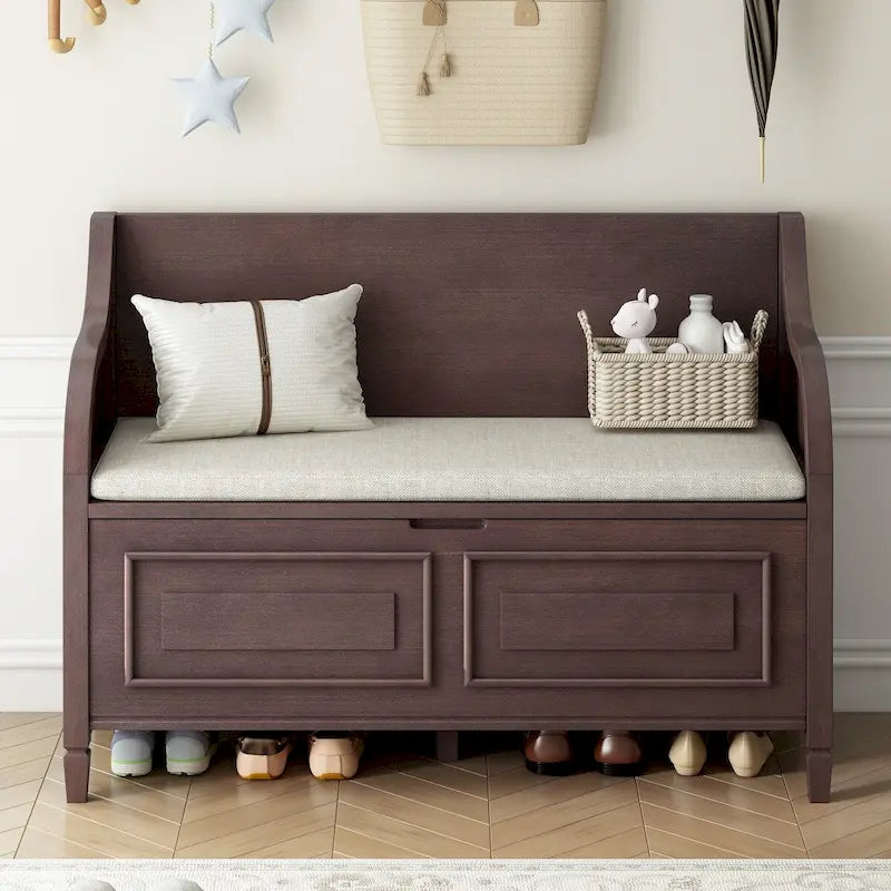 Rustic Style Solid Wood Entryway Multifunctional Storage Bench with Safety Hinge