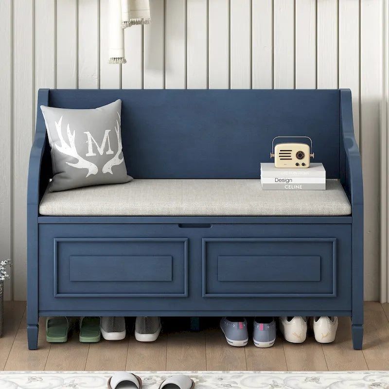 Rustic Style Solid Wood Entryway Multifunctional Storage Bench with Safety Hinge