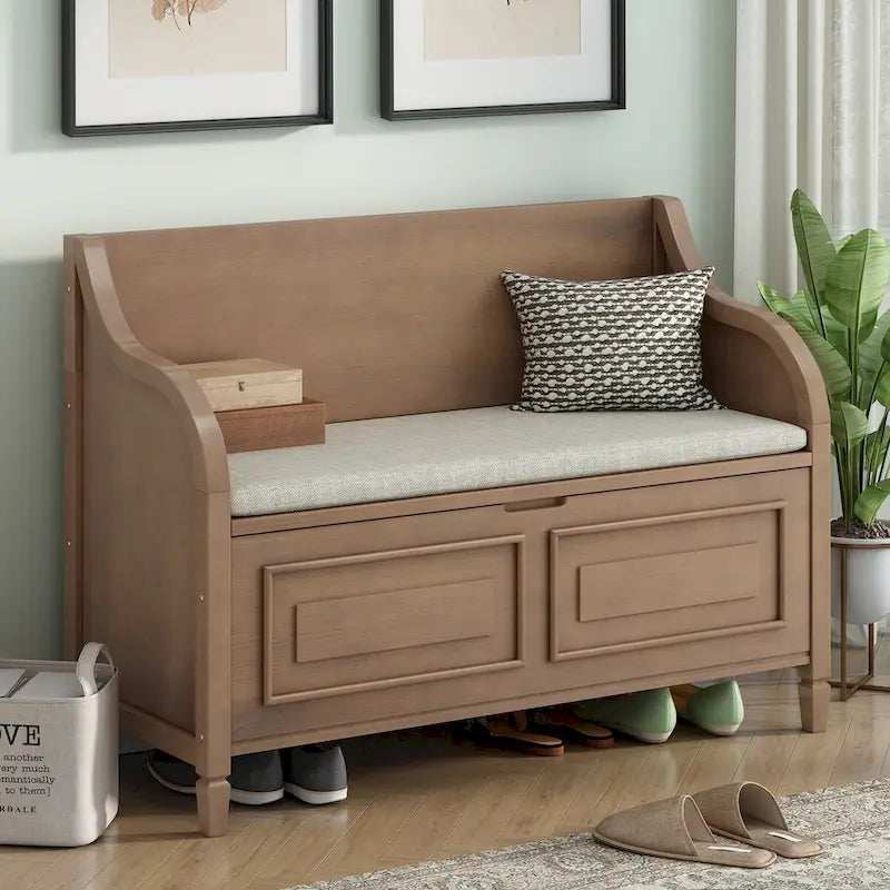 Rustic Style Solid Wood Entryway Multifunctional Storage Bench with Safety Hinge