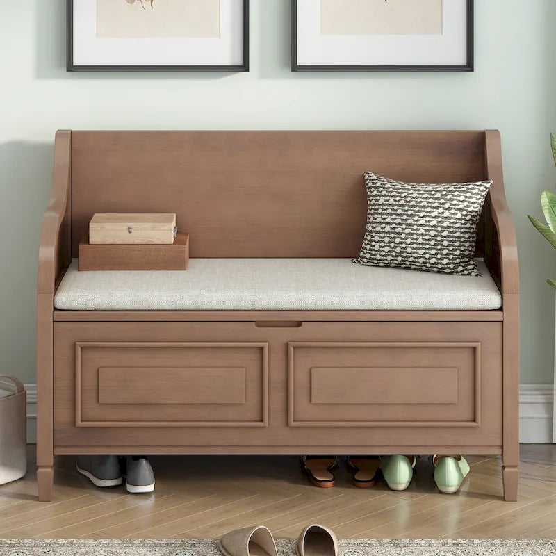 Rustic Style Solid Wood Entryway Multifunctional Storage Bench with Safety Hinge