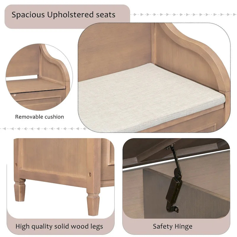 Rustic Style Solid Wood Entryway Multifunctional Storage Bench with Safety Hinge