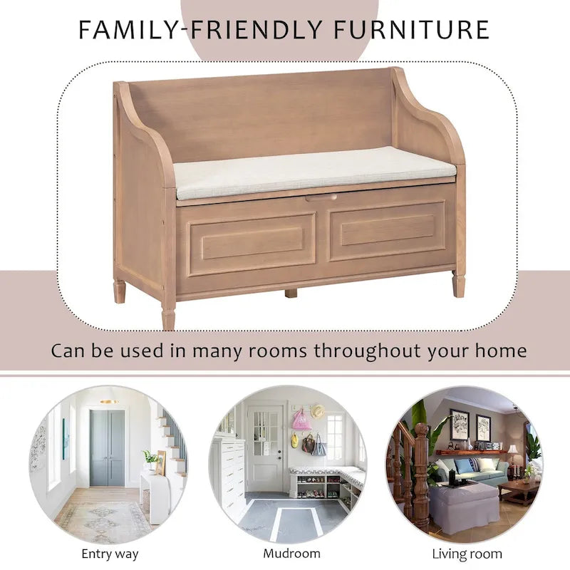 Rustic Style Solid Wood Entryway Multifunctional Storage Bench with Safety Hinge