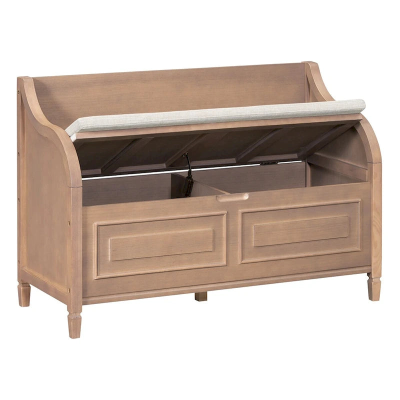 Rustic Style Solid Wood Entryway Multifunctional Storage Bench with Safety Hinge
