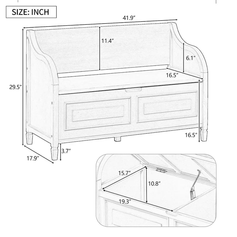 Rustic Style Solid Wood Entryway Multifunctional Storage Bench with Safety Hinge
