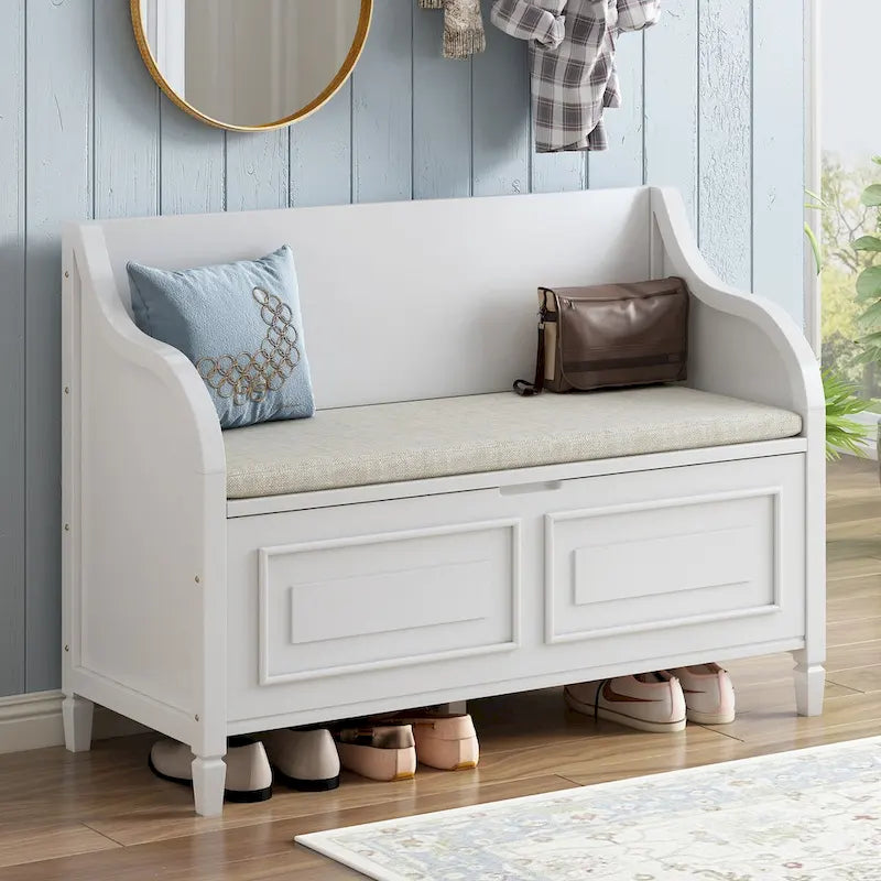 Rustic Style Solid Wood Entryway Multifunctional Storage Bench with Safety Hinge