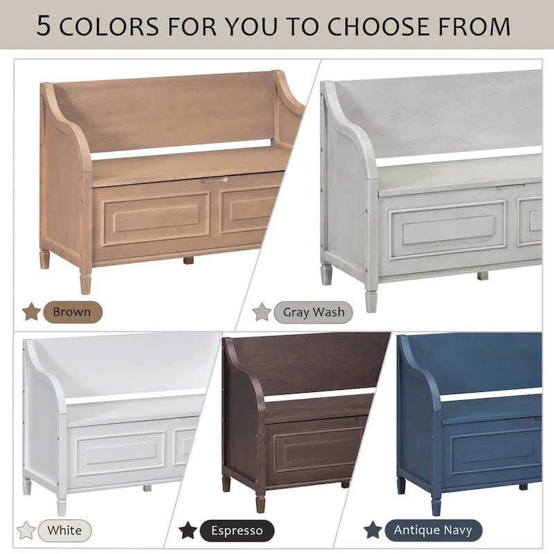 Rustic Style Solid Wood Entryway Multifunctional Storage Bench with Safety Hinge