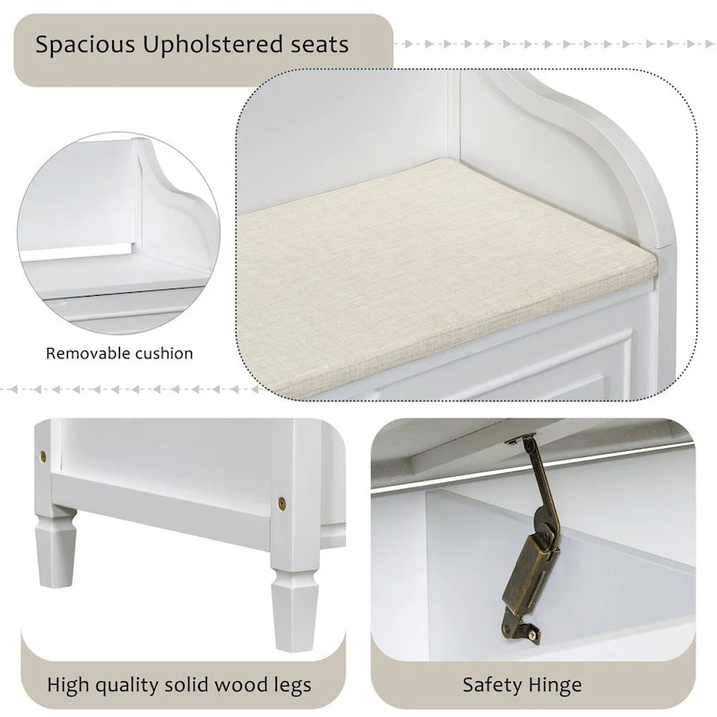 Rustic Style Solid Wood Entryway Multifunctional Storage Bench with Safety Hinge