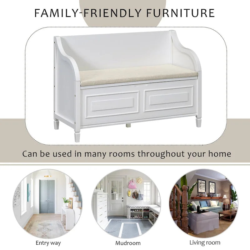 Rustic Style Solid Wood Entryway Multifunctional Storage Bench with Safety Hinge