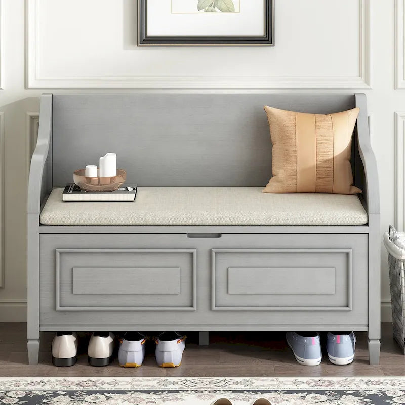 Rustic Style Solid Wood Entryway Multifunctional Storage Bench with Safety Hinge
